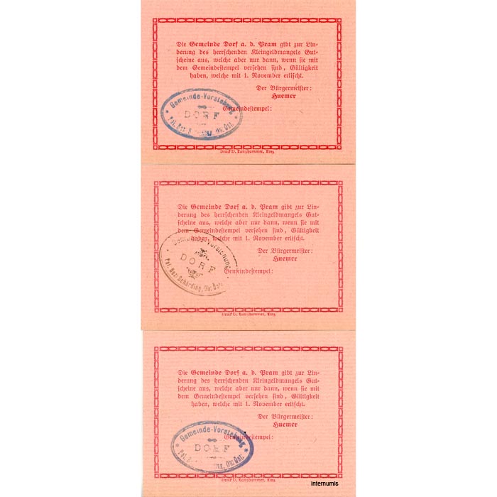 Dorf an der Pram(OÖ) - 30,40,50 Heller o.D., P.rot, Dr.bds.rot, Gmst.Typ 1 u.3, Aufl.400 Serien mit KN. und Garantieschein(gefaltet), (KKN.S129)II)d) Erh. I