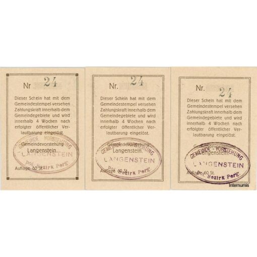 Langenstein(OÖ) - 10,20,50 Heller o.D, Kartonpapier weiss, Vs. mit Gmst. u. KN., Bild Dr.grün, Auflage 60 St., (KKN.S502)IV)f) Erh. I