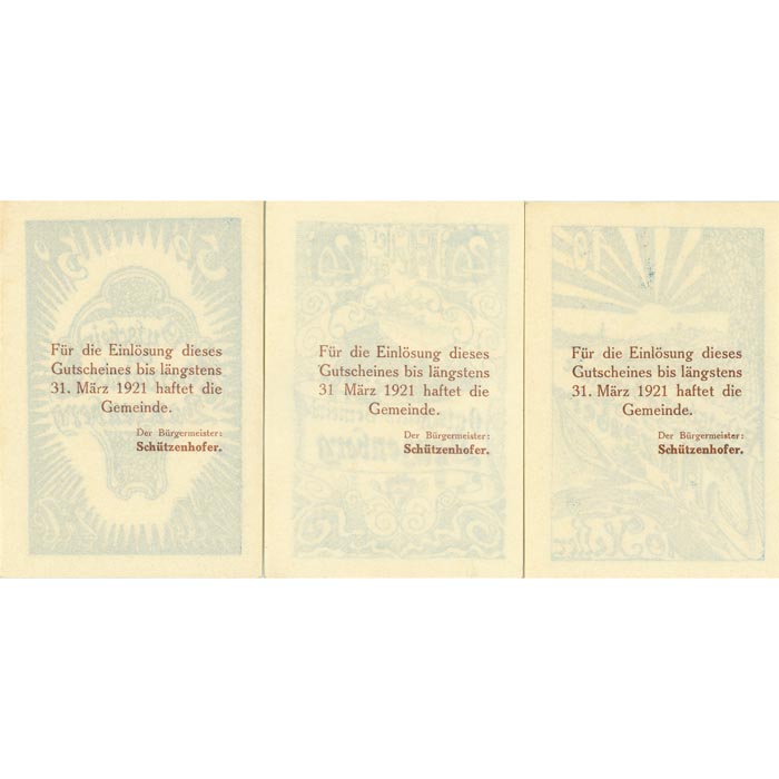 Lanzenberg(OÖ) - 10,20,50 Heller o.D.(- 31.3.1921), Papier glatt weiss, Vs.Druck braun, Rs. Druck blau, (KKN.S504)II)a) Erh. I/I-
