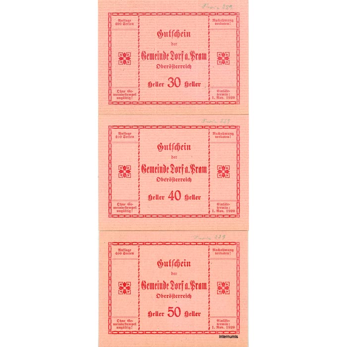 Dorf an der Pram(OÖ) - 30,40,50 Heller o.D., P.rot, Dr.bds.rot, Gmst.Typ 1 u.3, Aufl.400 Serien mit KN. und Garantieschein(gefaltet), (KKN.S129)II)d) Erh. I – Bild 2