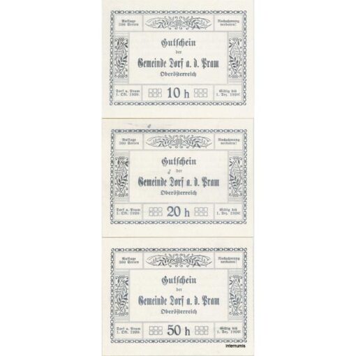 Dorf an der Pram(OÖ) - 10,20,50 Heller o.D.(- 1.12.1920), Kunstdruckpapier weiß, Dr. Vs. schwarz mit faks.Uschr.d.Bgm.in blau, Rs.Dr.silber, Aufl. 300 Serien, (KKN.S129)IV)f) Erh. I – Bild 2