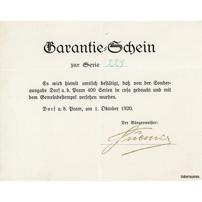 Dorf an der Pram(OÖ) - 30,40,50 Heller o.D., P.rot, Dr.bds.rot, Gmst.Typ 1 u.3, Aufl.400 Serien mit KN. und Garantieschein(gefaltet), (KKN.S129)II)d) Erh. I – Bild 3