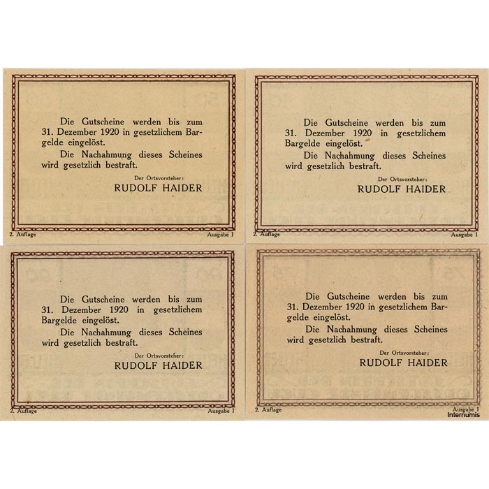 Gugu(OÖ) - 30,50,75,90 Heller o.D.(-31.12.1920), 2. Auflage - Ausgabe I, min.Stockflecken, (KKN.S307)II)a) Erh. I