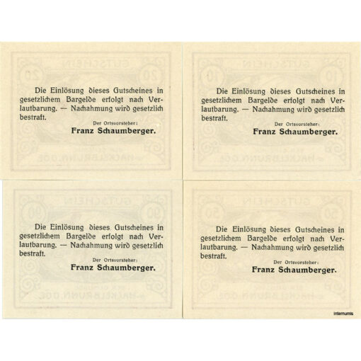 Hackelbrunn(OÖ) - 10,20,50,90 Heller o.D., Papier weiß, .Vs.Dr.schwarz, Bs.Dr. braun, Löwengespann, (KKN.S323)IV)b) Erh. I-
