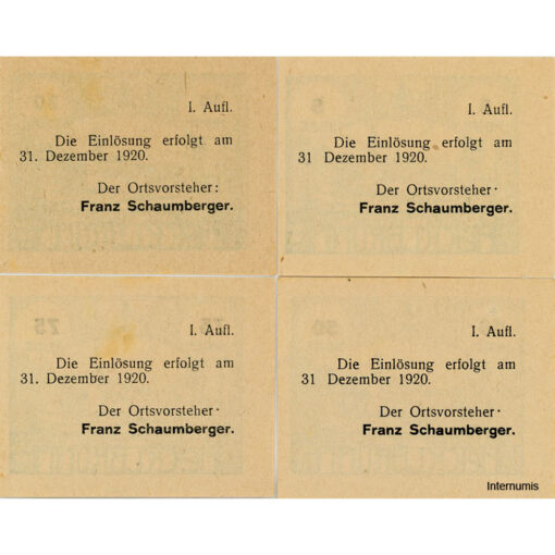 Hacklbrunn(OÖ) - 5,30,50,75 Heller o.D.(- 31.12.1920), I. Auflage, Dr. Vs.schwarz, Bs.blau, min. Stockflecken, (KKN.S323)I)a) Erh. I/I-