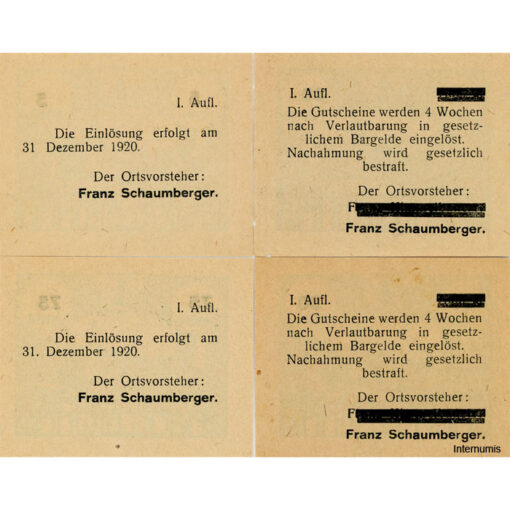 Hacklbrunn(OÖ) - 5,30,50,75 Heller o.D.(- 31.12.1920), I. Auflage, Dr. Vs.schwarz, Bs.grün, min. Stockflecken, (KKN.S323)I)b) Erh. I/I-