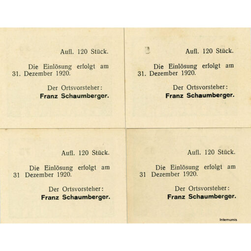Hacklbrunn(OÖ) - 5,30,50,75 Heller o.D.(bis 31.12.1920), P.weiß, Bs. Dr.grün, Aufl. 120 Stück, (KKN.S323)I)d) Erh. I