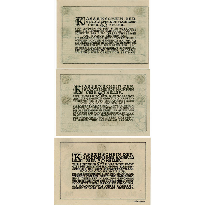 Hainburg(NÖ) - 20/40,60/40,80/50 Heller o.D., neuer Wertaufdruck, 2. Auflage, Vs. Aufdruck blaubronze, Kodnar/Künstner nicht gelistet (KKN.S337)III)e) Erh. I – Bild 2