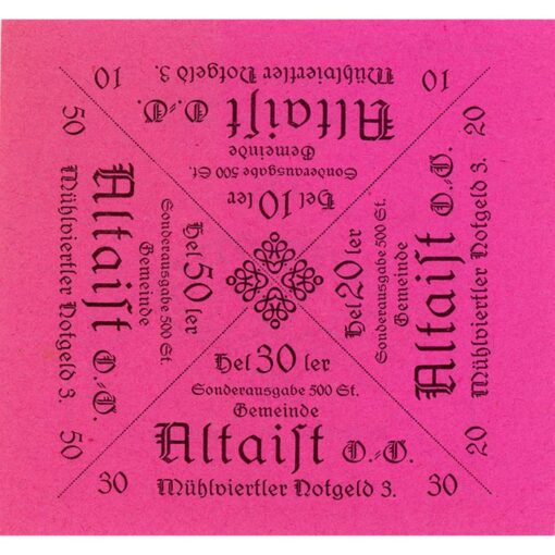 Altaist (OÖ) - 10,20,30,50 Heller o.D.(-1920), Mühlviertler Notgeld 3., Papier rosa, Gmst., Auflage 500, (KKN.S23)II)c) Erh. I/I- – Bild 2