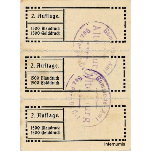 Altenburg/Perg (OÖ) - 20,30,50 Heller o.D.,(-1920),Kp.weiß, lose, Dr.bds.blau, 2. Auflage, Gmstpl.,1500 Blaudruck , Verängerungsstempel, Stockflecken, (KKN.S26)II)fNr.a) Erh. I- – Bild 2