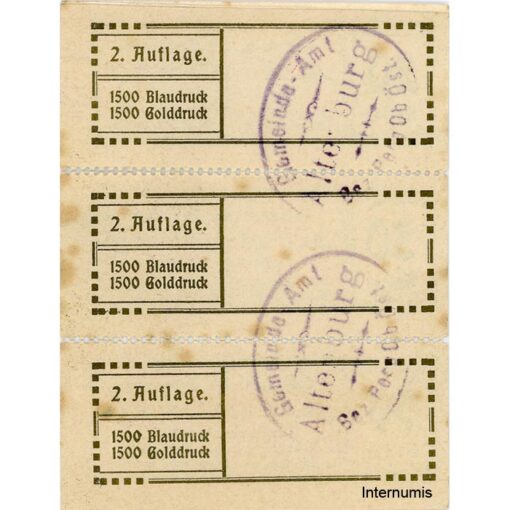 Altenburg/Perg (OÖ) - 20,30,50 Heller o.D.,(-1920),Kp.weiß, lose, Dr.bds.gold, 2. Auflage, Gmstpl.,1500 Golddruck , Verängerungsstempel, Stockflecken, (KKN.S26)II)fNr.b) Erh. I- – Bild 2