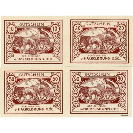 Hackelbrunn(OÖ) - 10,20,50,90 Heller o.D., Papier weiß, .Vs.Dr.schwarz, Bs.Dr. braun, Löwengespann, (KKN.S323)IV)b) Erh. I- – Bild 2