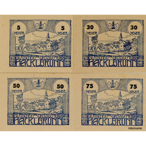 Hacklbrunn(OÖ) - 5,30,50,75 Heller o.D.(- 31.12.1920), I. Auflage, Dr. Vs.schwarz, Bs.blau, min. Stockflecken, (KKN.S323)I)a) Erh. I/I- – Bild 2