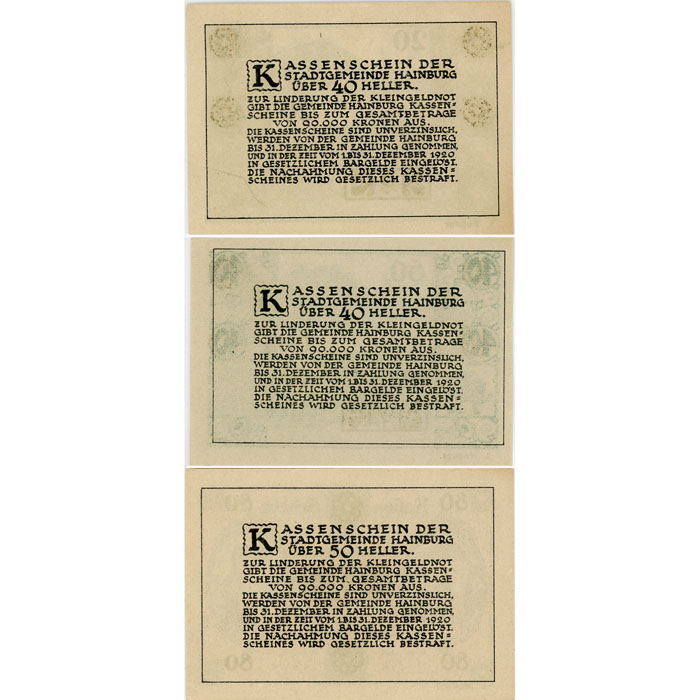 Hainburg(NÖ) - 20/40,60/40,80/50 Heller o.D., neuer Wertaufdruck, 2. Auflage, Vs. Aufdruck schwarz, (KKN.S337)III)a) Erh. I – Bild 2