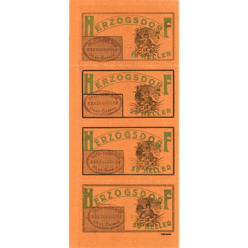 Herzogsdorf(OÖ) - 10,20,30,50 Heller oD., perf. Streifen, P.orange, Auflage 500, Vs.Dr.schwarz, KN., Rs. Gmstpl. und Aufdruck in gold, (KKN.S373)IV) Erh. I/I- – Bild 2