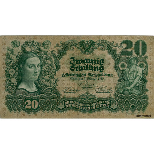 Österr.Nationalbank - 20 Schilling 1928, Vs. Mädchenkopf und Mäher, Rs.Voralpenlandschaft vor Bergen des Salzkammergut, (KK.186a/ AMK 219/P.95) Erh. III