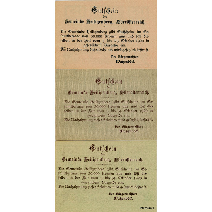 Heiligenberg(OÖ) - 10,20,50 Heller o.D., mit Überdruck Einlösetermin und Bst.C, (KKN.S361)III)C) Erh. I