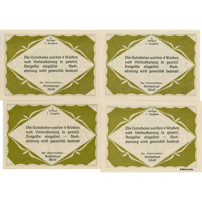 Hundsberg(OÖ) - 30,50,75,90 Heller o.D., Papier weiß, 2. Auflage - I. Ausgabe, (KKN.S402)II)a) Erh. I