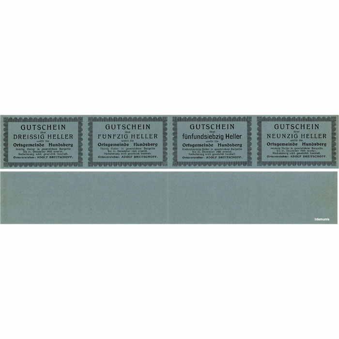 Hundsberg(OÖ) - 30,50,75,90 Heller o.D.(bis 31.12.1920), Papier blau, in Streifen, Druck einseitig, (KKN.S402)I)a) Erh. I