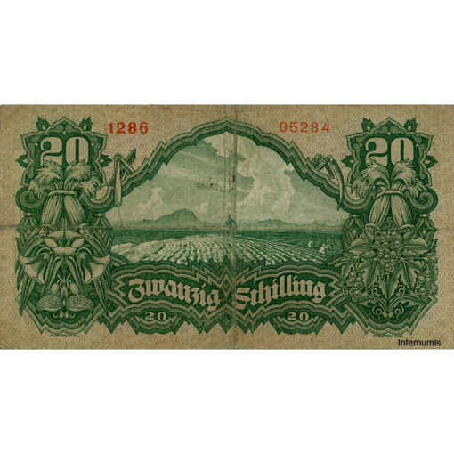 Österr.Nationalbank - 20 Schilling 1928, Vs. Mädchenkopf und Mäher, Rs.Voralpenlandschaft vor Bergen des Salzkammergut, (KK.186a/ AMK 219/P.95) Erh. III – Bild 2