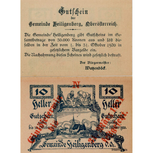 Heiligenberg(OÖ) - 10 Heller o.D., Vs.Zierleiste in der Mitte 3 Verzierungen ,Rs.braun rosa mit Überdruck Einlösetermin und Bst.N, (KKN.S361)III)N) Erh. I