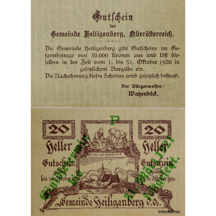 Heiligenberg(OÖ) - 20 Heller o.D., Vs.Zierleiste in der Mitte 1 Verzierung ,Rs.mit Überdruck Einlösetermin und Bst.P, (KKN.S361)III)P) Erh. I