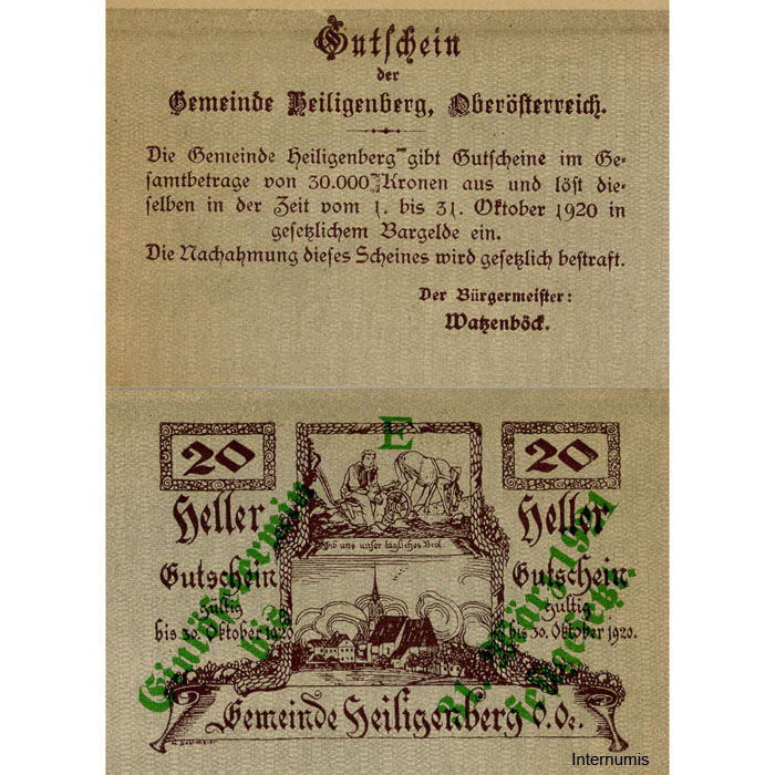 Heiligenberg(OÖ) - 20 Heller o.D., Vs.Zierleiste in der Mitte 3 Verzierungen ,Rs.mit Überdruck Einlösetermin und Bst.E, (KKN.S361)III)E) Erh. I