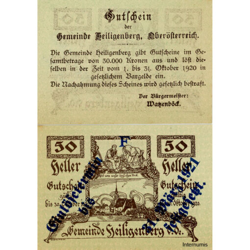 Heiligenberg(OÖ) - 50 Heller o.D., Vs.Zierleiste in der Mitte 1 Verzierung ,Rs.mit Überdruck Einlösetermin und Bst.F, (KKN.S361)III)F) Erh. I