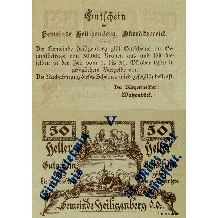 Heiligenberg(OÖ) - 50 Heller o.D., Vs.Zierleiste in der Mitte 1 Verzierung ,Rs.mit Überdruck Einlösetermin und Bst.V, (KKN.S361)III)V) Erh. I