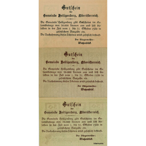 Heiligenberg(OÖ) - 10,20,50 Heller o.D., mit Überdruck Einlösetermin und Bst.N, (KKN.S361)III)N) Erh. I
