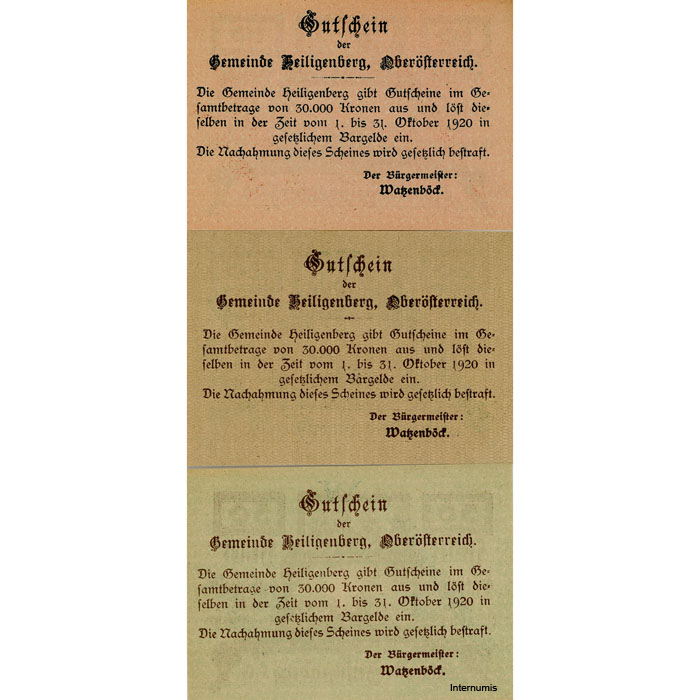 Heiligenberg(OÖ) - 10,20,50 Heller o.D., mit Überdruck Einlösetermin und Bst.W, (KKN.S361)III)W) Erh. I