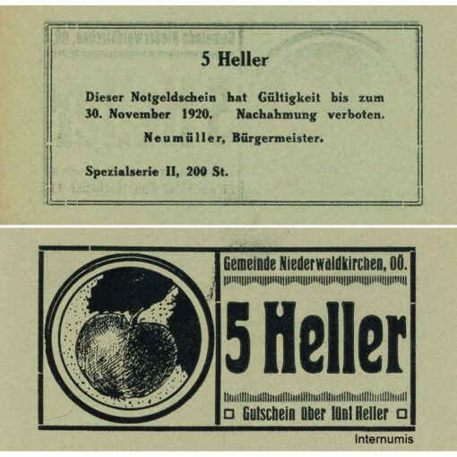 Niederwaldkirchen (OÖ) - 5 Heller o.D., P.grün, Bild Apfel, Spezialserie II, 200 Stück, (KKN.S673)VI)c) Erh. I/I-