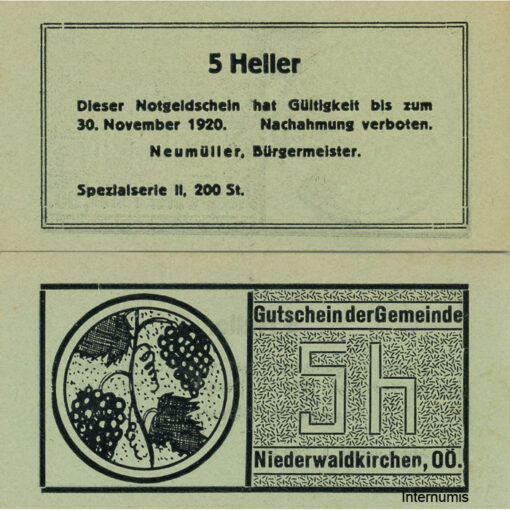 Niederwaldkirchen (OÖ) - 5 Heller o.D., P.grün, Bild Traube, Spezialserie II, 200 Stück, (KKN.S673)VI)aa) Erh. I-