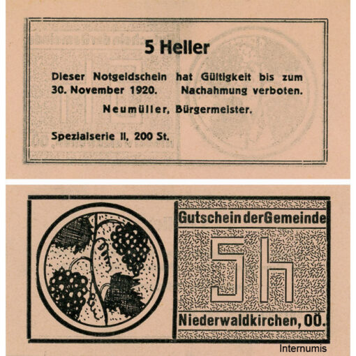 Niederwaldkirchen (OÖ) - 5 Heller o.D., P.beigerosa, Bild Traube, Spezialserie II, 200 Stück, (KKN.S673)VI)dd) Erh. I-