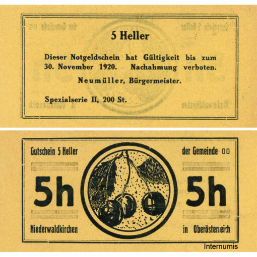 Niederwaldkirchen (OÖ) - 5 Heller o.D., P.gelb, Bild Kirsche, Spezialserie II, 200 Stück, (KKN.S673)VI)n) Erh. I