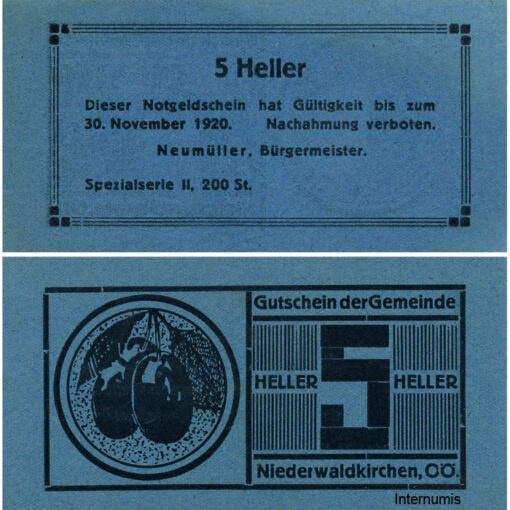 Niederwaldkirchen (OÖ) - 5 Heller o.D., P.blau, Bild Zwetschge, Spezialserie II, 200 Stück, (KKN.S673)VI)s) Erh. I/I-