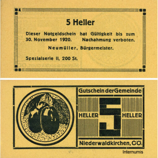 Niederwaldkirchen (OÖ) - 5 Heller o.D., P.gelb, Bild Zwetschge, Spezialserie II, 200 Stück, (KKN.S673)VI)t) Erh. I