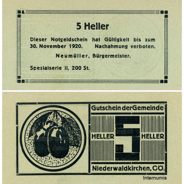 Niederwaldkirchen (OÖ) - 5 Heller o.D., P.grün, Bild Zwetschge, Spezialserie II, 200 Stück, (KKN.S673)VI)u) Erh. I/I-