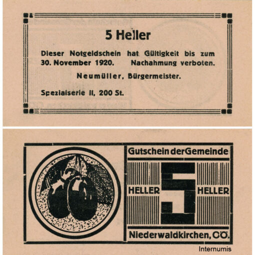 Niederwaldkirchen (OÖ) - 5 Heller o.D., P.beigerosa, Bild Zwetschge, Spezialserie II, 200 Stück, (KKN.S673)VI)x) Erh. I/I-