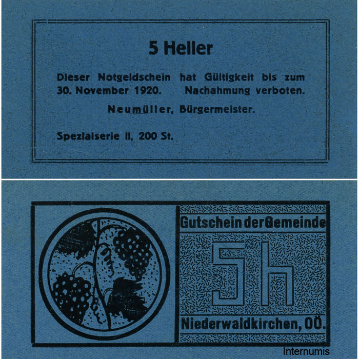 Niederwaldkirchen (OÖ) - 5 Heller o.D., P.blau, Bild Traube, Spezialserie II, 200 Stück, (KKN.S673)VI)y) Erh. I