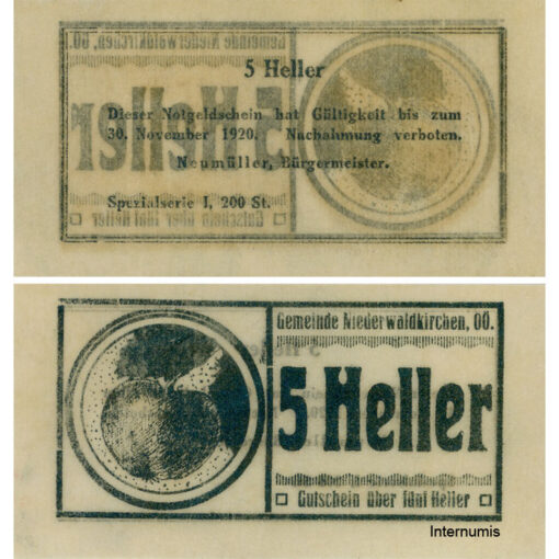 Niederwaldkirchen (OÖ) - 5 Heller o.D., Pergamentpapier, Dr.bds.blaubronze, Bild Apfel, Spezialserie I, 200 Stück, (KKN.S673)V)a) Erh. I-