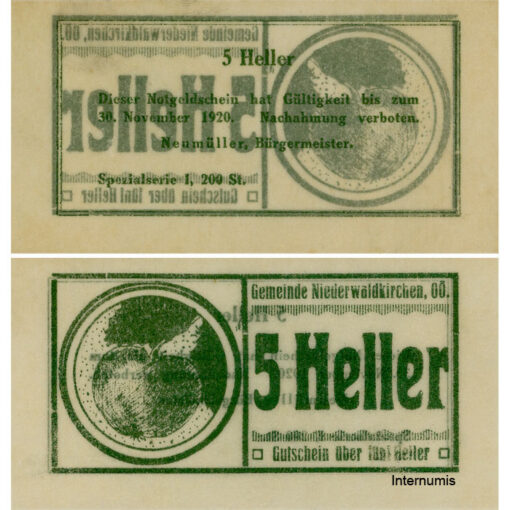 Niederwaldkirchen (OÖ) - 5 Heller o.D., Pergamentpapier, Dr.bds.grünbronze, Bild Apfel, Spezialserie I, 200 Stück, (KKN.S673)V)c) Erh. I