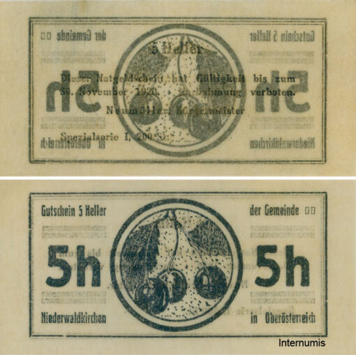 Niederwaldkirchen (OÖ) - 5 Heller o.D., Pergamentpapier, Dr.bds.blaubronze, Bild Kirsche, Spezialserie I, 200 Stück, (KKN.S673)V)m) Erh. I-