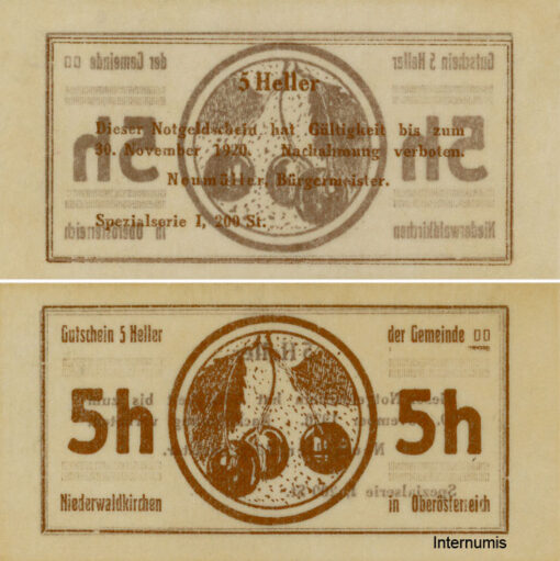 Niederwaldkirchen (OÖ) - 5 Heller o.D., Pergamentpapier, Dr.bds.kupfer, Bild Kirsche, Spezialserie I, 200 Stück, (KKN.S673)V)p) Erh. I