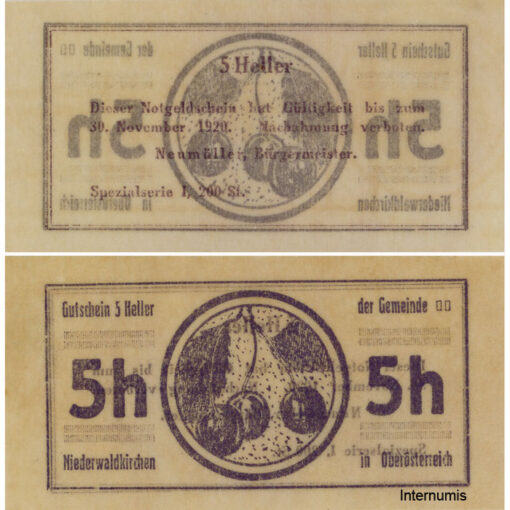 Niederwaldkirchen (OÖ) - 5 Heller o.D., Pergamentpapier, Dr.bds.lilabronze, Bild Kirsche, Spezialserie I, 200 Stück, (KKN.S673)V)q) Erh. I