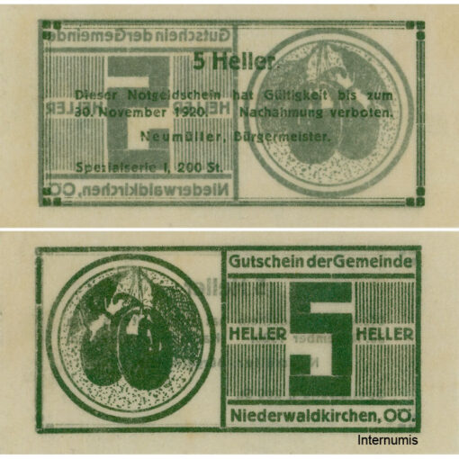 Niederwaldkirchen (OÖ) - 5 Heller o.D., Pergamentpapier, Dr.bds.günbronze, Bild Zwetschge, Spezialserie I, 200 Stück, (KKN.S673)V)u) Erh. I-