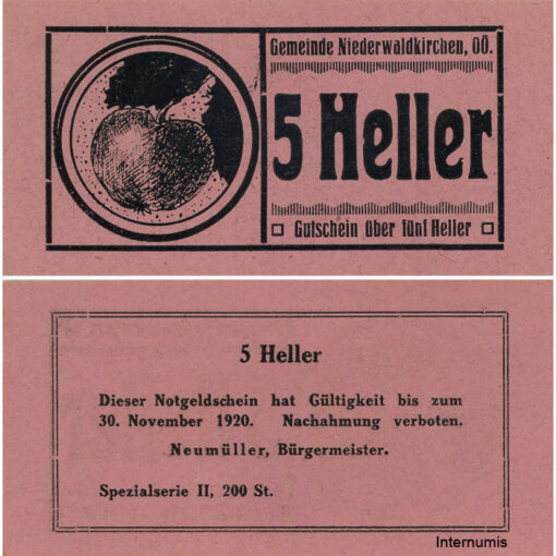 Niederwaldkirchen (OÖ) - 5 Heller o.D., P.altrosa, Bild Apfel, Spezialserie II, 200 Stück, (KKN.S673)VI)e) Erh. I