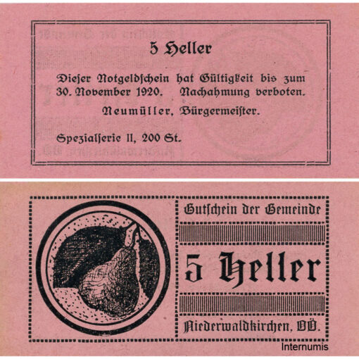 Niederwaldkirchen (OÖ) - 5 Heller o.D., P.altrosa, Bild Birne, Spezialserie II, 200 Stück, (KKN.S673)VI)k) Erh. I-