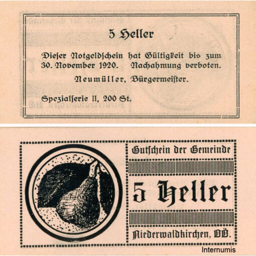 Niederwaldkirchen (OÖ) - 5 Heller o.D., P.beigerosa, Bild Birne, Spezialserie II, 200 Stück, (KKN.S673)VI)l) Erh. I