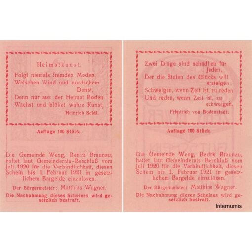 Weng(OÖ) - 2x 10 Heller, Haus, Baum, P.hellrosa, Druck bds.rot, Nr.4, Juli 1920 - 1.2.1921, Aufl. 100 Stück, (KKN.S1171)III)Nr.4) Erh. I